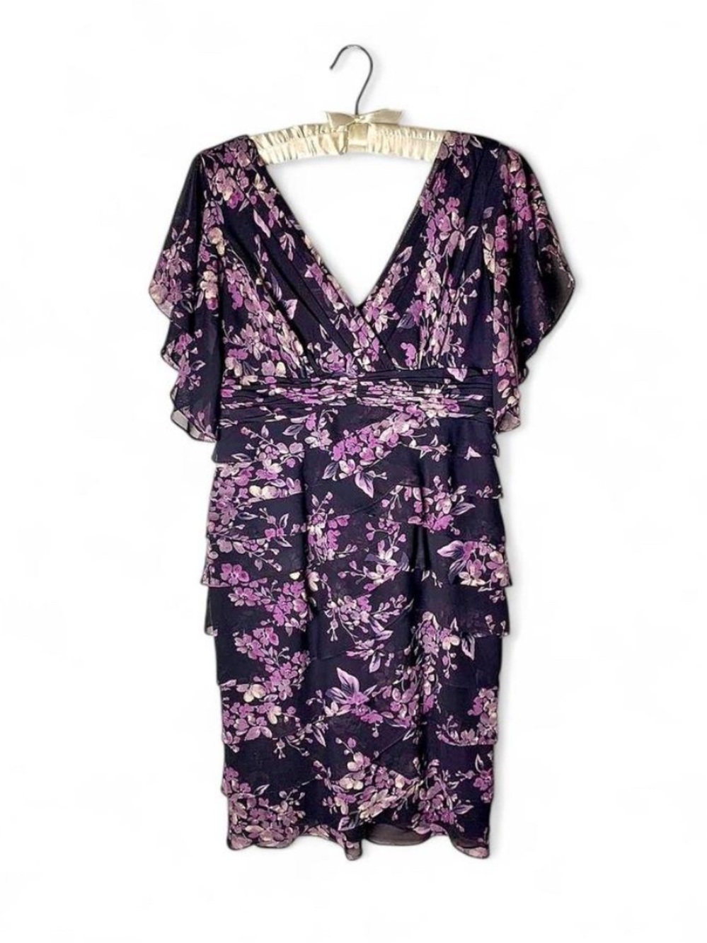 Adrianna Papell Purple Floral Chiffon Ruffle Dress Size 8 EUC